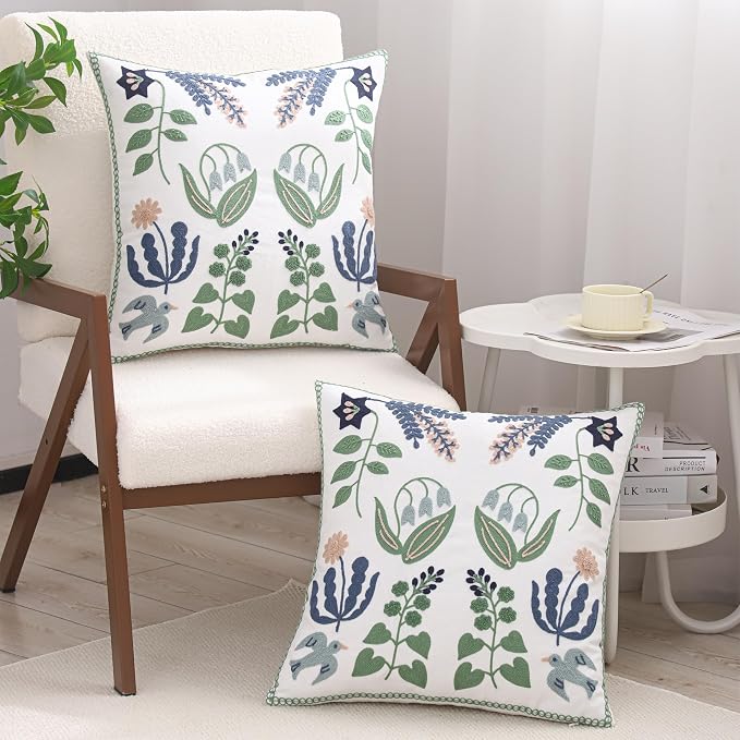 Embroidered Throw Pillow Covers 20x20 Pack of 2 Green and Navy Blue Leaves with Birds Pillow Covers Floral Tufted Pillowcases Summer Decorative Coastal Pillow Cushion Cases