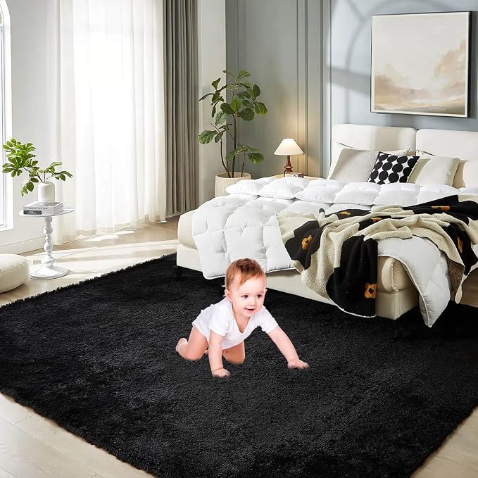 Floralux 9x12 Area Rug for Bedroom, Black, Large Shag Carpets Living Room Rug, Ultra Soft Shaggy Fluffy Carpet for Playroom, Plush Modern Floor Rug for Kids Room