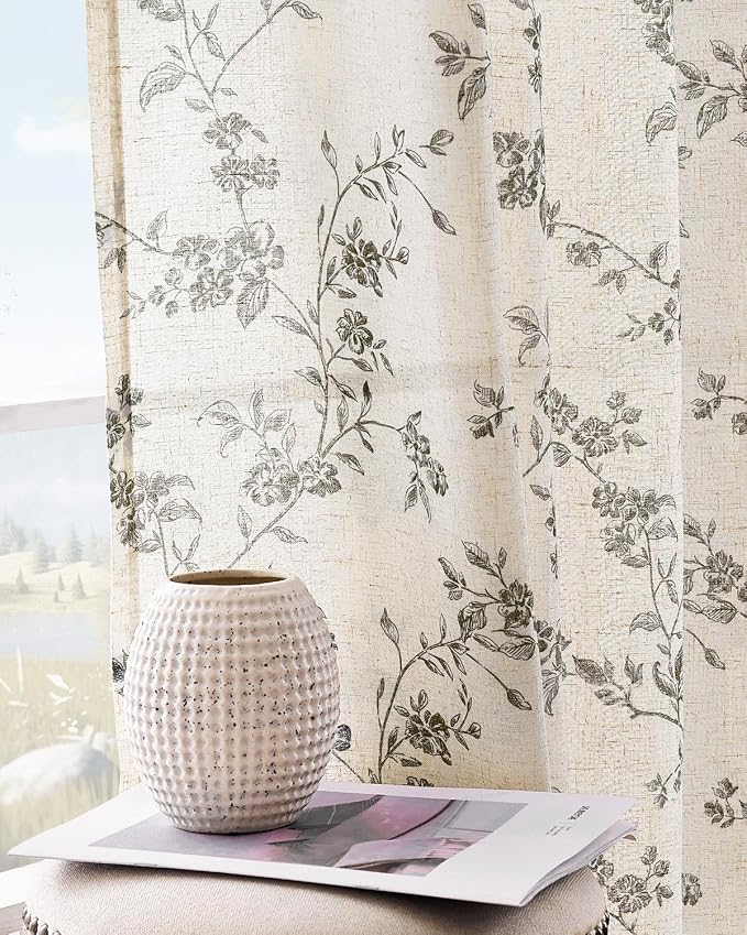jinchan Black Floral Linen Curtains 63 Inch Farmhouse Back Tab 2 Panels | Flower patterned drapes, french country, printed, privacy, light filtering, bedroom, living room, dining room, home decor