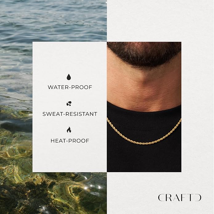 CRAFTD - Gold Rope Link Chain - Durable 18K Gold & 316L Stainless Steel - Waterproof, Heat & Sweat Resistant - Gifts for Men - Men's Jewelry