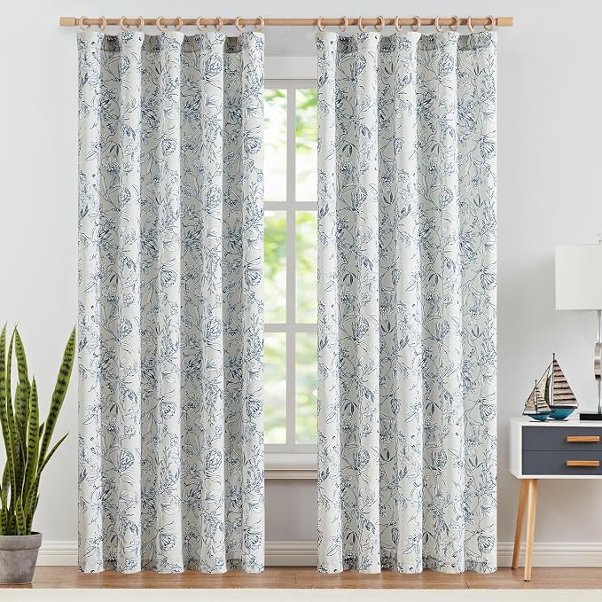 jinchan Floral Curtains 90 Inch Length Blue Flower Linen Farmhouse Curtain for Living Room French Country Vintage Curtain Rod Pocket Curtains Set 2 Panels Blue Floral Printed