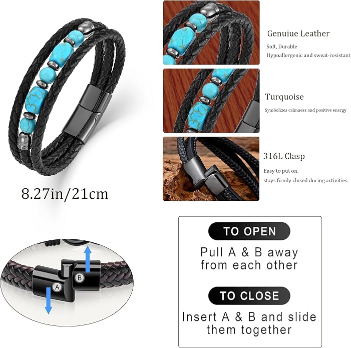 Mens Turquoise/Lapis Lazuli/Tiger Eye/Black Agate/Obsidian Leather Braided Bracelets for Father's Day/Birthdays/Graduation Jewelry Wristband Cuff Bracelet with Stainless Steel Clasp
