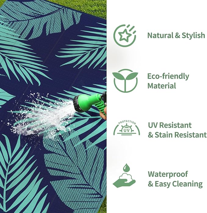GENIMO Outdoor Rug, Waterproof Plastic Rugs for Patio, 5'x8' Blue Green | Outside Larger Leaf Carpet Mat for Porch Decor, Deck, Balcony, Camping, RV, Backyard, Picnic, Beach, Reversible, Foldable