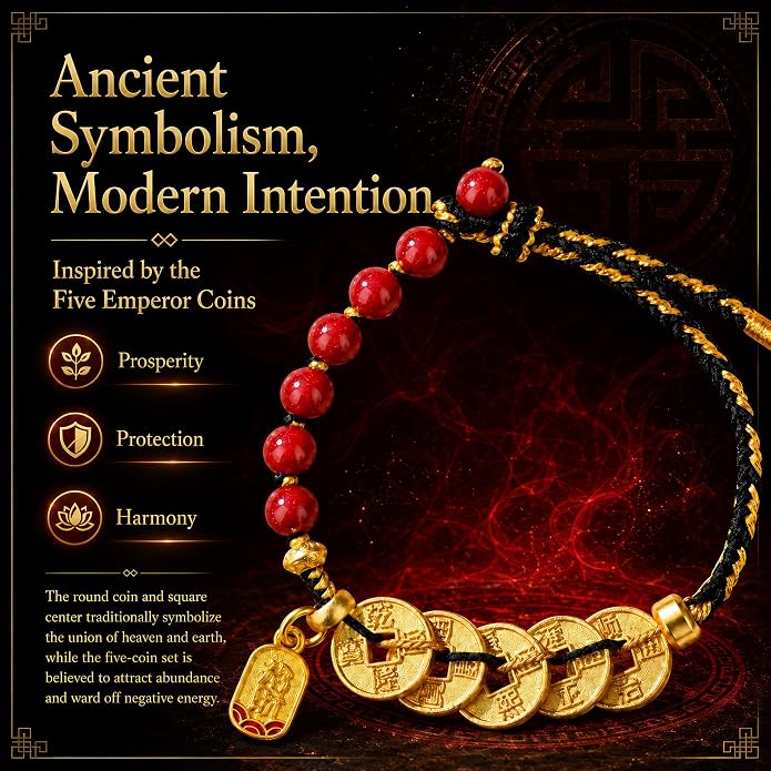Feng Shui Bracelet with Five Emperor Coins, Beads Amulet for Wealth & Good Luck, Spiritual Protection Jewelry, Adjustable Ha