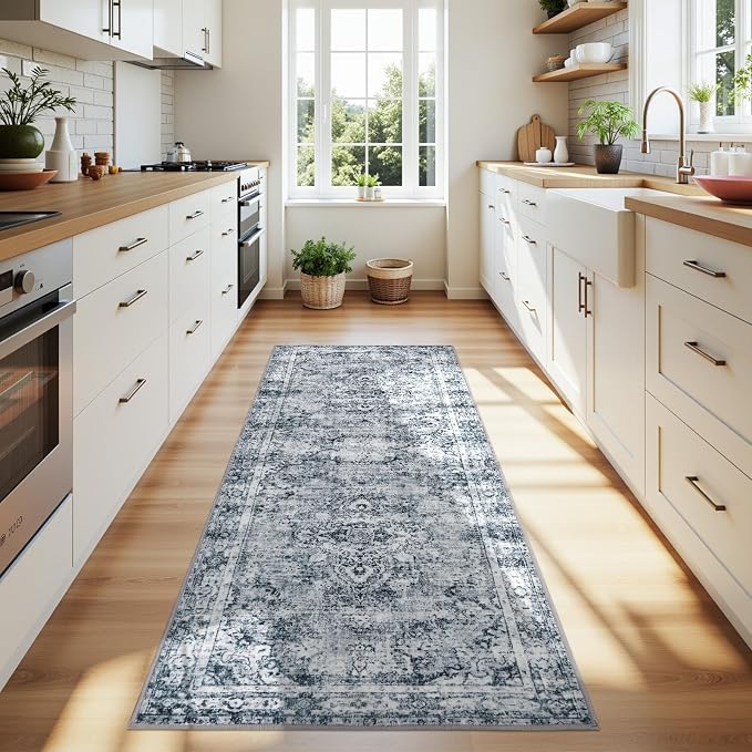 Joydeco Washable 2x5 Hallway Runner Rug Vintage, Light Grey | Water Resistant Low Pile Non Slip Backing for Kitchen Entryway Bathroom Dining Room