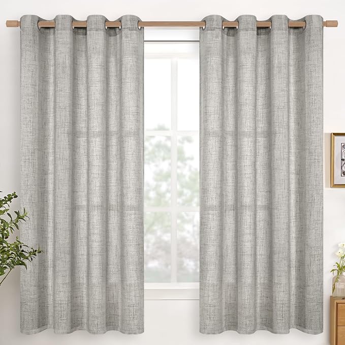 YoungsTex Dark Grey Linen Curtains 63 Inch Length for Living Room Windows | Textured Light Filtering Drapes with Bronze Grommet Privacy for Bedroom, 2 Panels, 52 X 63 Inch