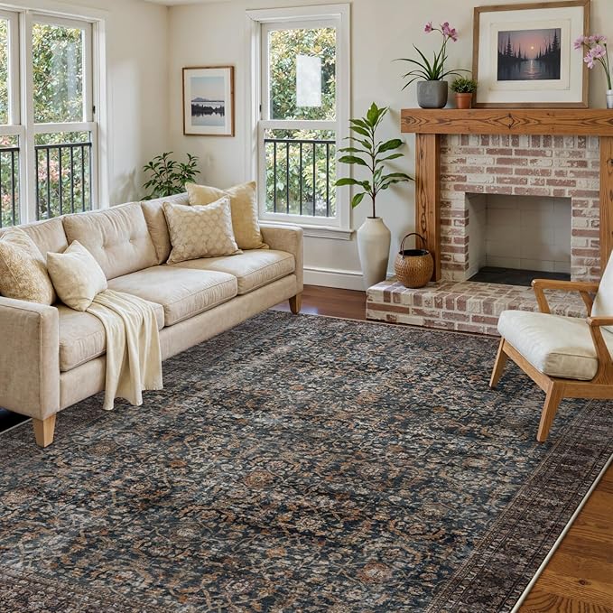 Collive Large Area Rug for Living Room 9x12, Washable Area Rug 9x12 Non Slip Vintage Antique Distressed Bedroom Carpet Ultra-Thin Low Pile Aesthetic Print Floor Rug for Dining Guest Office - Brick