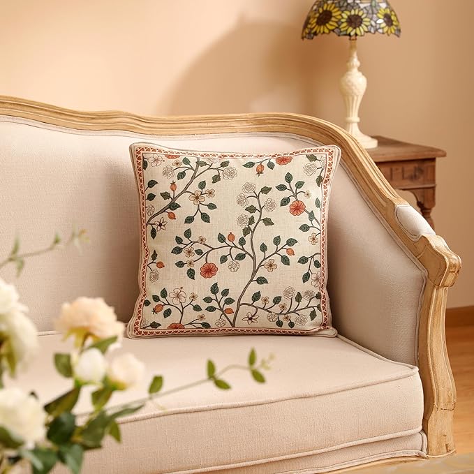 ISAENNE Designer Elegant Linen Throw Pillow Cover,Set of 2,18"x18"-Flora A | French Square Decor Pillow Cover,Concealed Zipper Design,Floral Pattern,Sofa,Bedroom,Living Room,Lounge Chairs