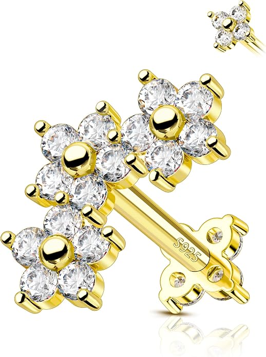 COCHARM 14K Gold Plated Flat Back Cartilage Earrings Stud, 925 Sterling Silver Helix Earrings Stud, 16G Internally Thread Tragus Piercing Jewelry
