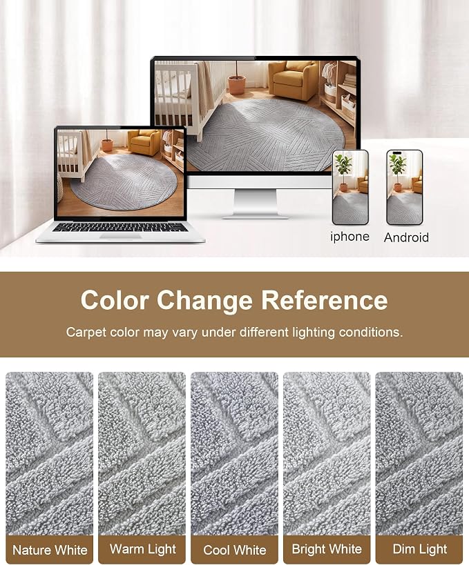 Carvapet 6.5' Round Rug Washable High Low Pile Area Rug Soft Plush Light Grey Carpet for Living Room Bedroom Non Slip Indoor Floor Rug for Home Kids Nursery Decor