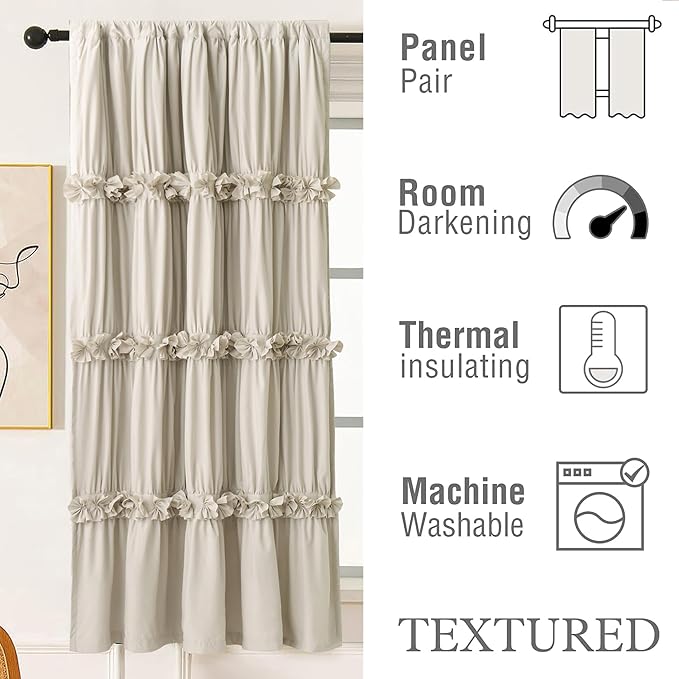 Homechoice Decor Thermal Insulated Window Curtains, 42" W x 63" L (Pair) | Boho Ruched Blackout Window Treatments with 3 Rows of Butterfly Flowers, Rustic Rod Pocket Drapes for Room, Camel (LQ-30)