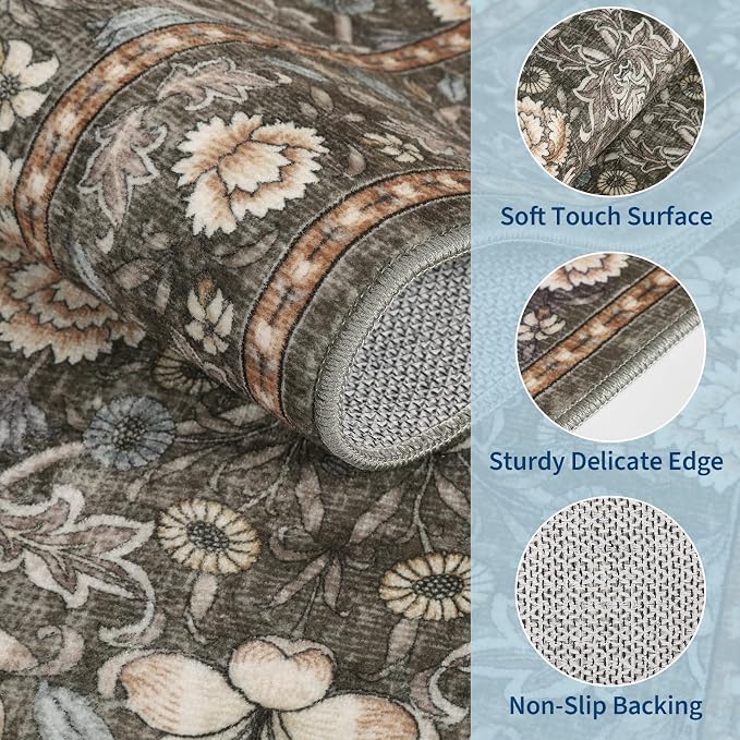 GarveeHome Washable Area Rug 5x7, Retro Floral Low Pile Non Slip Living Room Rug Soft Cottage Core Rug Farmhouse Indoor Carpet for Bedroom Dining Room Playroom