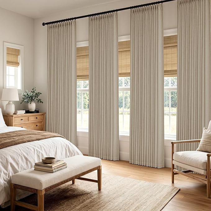 MIULEE 4 Panels Set Pinch Pleated Linen Curtains 102 Inches Long for Living Room Bedroom, Thick Linen Textured Drapes Pleat Memory Trained Light Filtering Grey Beige Window Curtains with Hooks