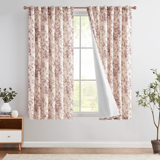 jinchan Red Floral Linen Curtains Lined 63 Inch Farmhouse Back Tab 2 Panels | Privacy lining, light filtering drapes, vintage, cottagecore, french country, rustic, bedroom, living room, window treatment
