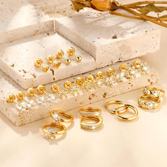 Hypoallergenic 14K Gold Stud Earrings Set for Women Surgical Stainless Steel Flat back Earrings Small Gold Huggie Hoop Earring for Sensitive Ears Screw Back Cartilage Piercing Jewelry