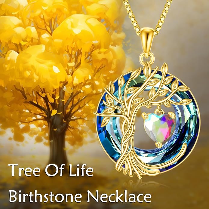 POPLYKE Mothers Day Gifts for Mom Her Wife Tree of Life Necklace 925 Sterling Silver Birthstone Pendant with Crystal Anniversary Birthday Wedding Jewelry for Women