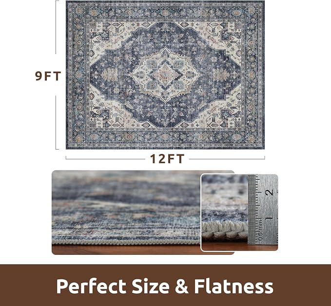 AMOAMI-Area Rug 9X12 Rugs for Living Room-Vintage Soft Blue Rugs for Bedroom-Non Slip Carpet-Washable Rug for Dining Room Living Room Bedroom Office Under Table