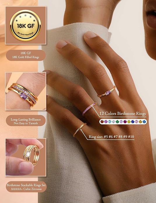 Gold Stackable Birthstone Rings for Women - 18K Gold Filled Non Tarnish Dainty Gold Stacking Rings Set - Cubic Zirconia Thumb Knuckle Ring Wedding Engagement Ring for her Gifts Size 6 7 8 9 10 3pcs