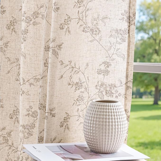 jinchan Taupe Floral Linen Curtains 90 Inch Farmhouse Back Tab 2 Panels | Taupe on beige, light filtering, farmhouse, rustic, country, flower, privacy, bedroom, living room, office, window treatment