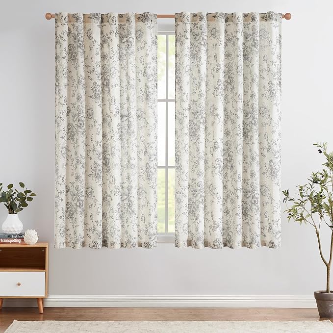 jinchan Grey Floral Linen Curtains 45 Inch Vintage Back Tab 2 Panels | Light filtering drapes, semi sheer, farmhouse, cottagecore, rustic, living room, bedroom, rod pocket, window treatment