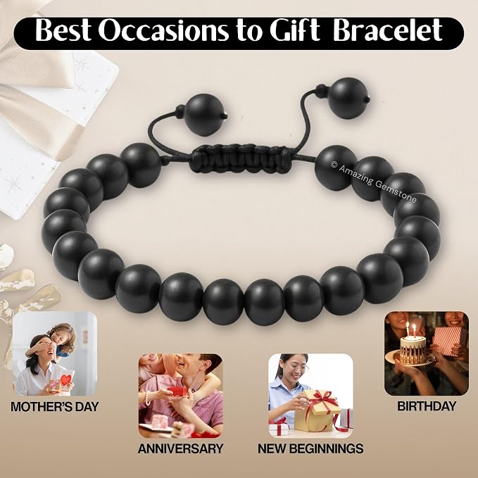 Amazing Gemstone Shungite Bracelet, Gifts for Men & Women - Protection Healing Crystal Bracelet - 8mm Gemstone Beaded Adjustable Bracelet, Pulseras para Hombres Mujer Stocking Stuffers