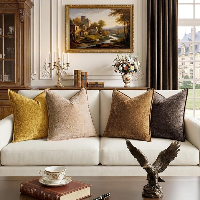 a moment Throw Pillow Covers 18X18 Inch 4 Packs,Soft Velvet Decorative Pillow Cases with 3D Ice Flower,Texture Modern Accent Cushion Covers for Sofa Couch Home Decor Dusty Gold