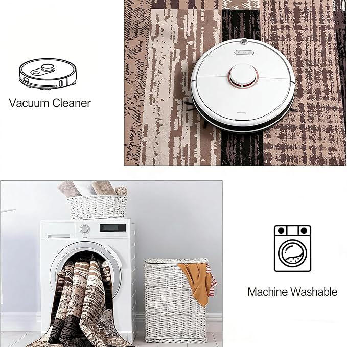 FlyDOIT Modern Round Area Rug for Living Room, 5Ft Washable Round Rug Chocolate Geometric Patchwork Circle Rugs for Dining Room Table, Large Circular Floor Carpet for Bedroom Home Office