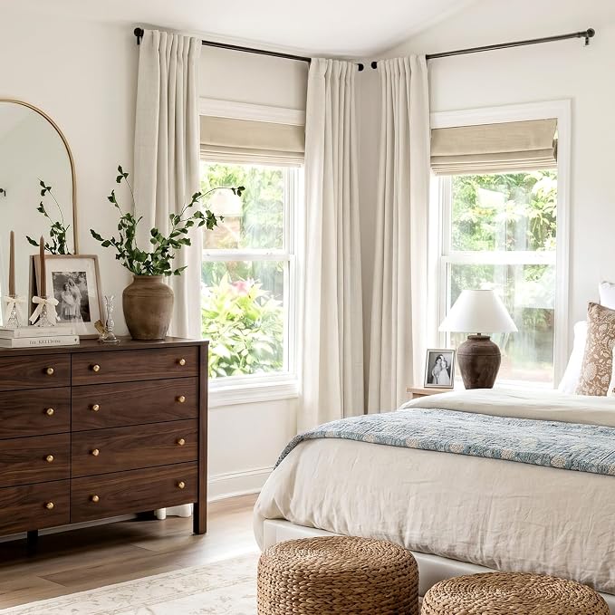 INOVADAY 100% Blackout Curtains for Bedroom, Beige White Black Out Curtains 102 Inch Long, Clip Rings Linen Blackout Drapes, Thermal Insulated Room Darkening for Living Room, 2 Panels - W50xL102
