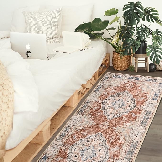 MUJOO Washable Runner Rug 2x6 Area Rugs Non Slip Low-Pile Flowers | Long Throw Carpet for Hallways Entryway Kitchen Bathroom Bedside Bedroom Laundry Boho Soft Indoor Floral Orange Navy Blue