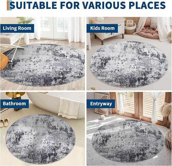 ROYHOME Modern Abstract 6x6 Round Area Rug Non Slip Non Shedding Rug Low Pile Stain Resistant for Bedroom Living Room Office Dining Room,Grey