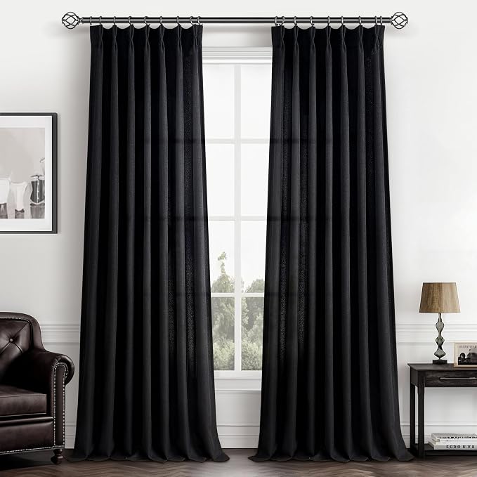 Pinch Pleated Black Sheer 96 Inch Curtains for Bedroom, Neutral Thick Linen Blend Pleat Light Filtering Sliding Door Curtain Lush Decor Privacy Window Drapes Hooks Back Tab (40"W x 96"L Panels 2 Set)