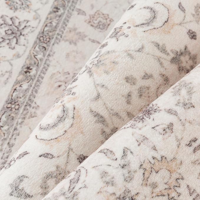 PureCozy 9x12 Area Rug Beige Washable Vintage Carpet Living Room Bedroom Large Non Slip Stain Soft Resistant Low Pile Thin Boho Accent Indoor Throw Rug for Dining Room Office
