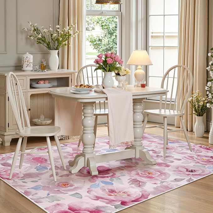 Lahome Floral 3x5 Area Rug for Bedroom, Non-Slip Entry Way Rugs Indoor Ulta-Thin Washable Stain Resistant Boho Throw Rugs for Bathroom Bedroom Vanity（3x5,Pink