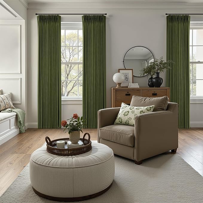 Olive Green Pleated Linen Curtains 90 Inches Long for Living Dining Room Bedroom Light Filtering Boho Window Drapes 2 Panels with Hooks Rings Clips Sliding Glass Door Semi Sheer Curtain Pinch Pleat
