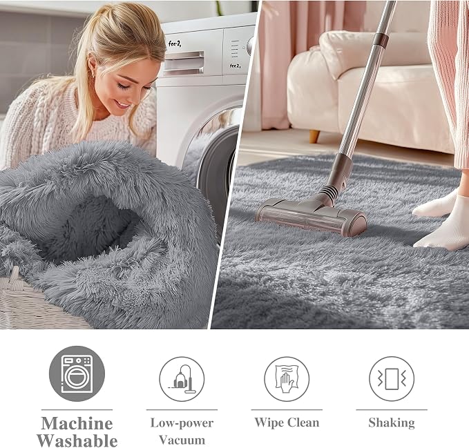 OLANLY Light Grey Round Rugs for Bedroom - Machine Washable, 8 ft Circle Area Rugs for Living Room, Soft and Fluffy Shaggy Carpet for Teen Girls and Boys, Nursery Rooms, Dorms, Home Decor Aesthetic