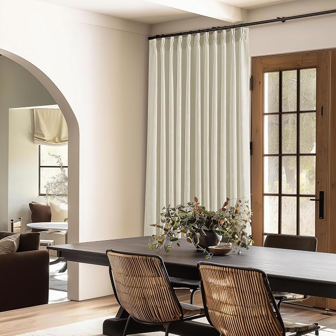 Pinch Pleated Extra Wide Beige Linen Curtain 90 Inches Long 70 Wide 1 Panel | for Patio Sliding Door Living Room, Pinch Pleat with Hooks Rings, Room Divider, Light Filtering Semi Sheer Privacy W70xL90