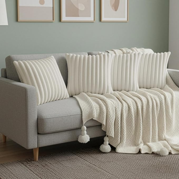 Cream White Throw Pillow Covers 16 x 16 set of 4, Cute Boho Throw Pillow Cover for Couch/Bed, Decorative Pillows Covers for Sofa/Bed, Accent Pillow Covers for Living Room, Rustic/Home/Room Decor