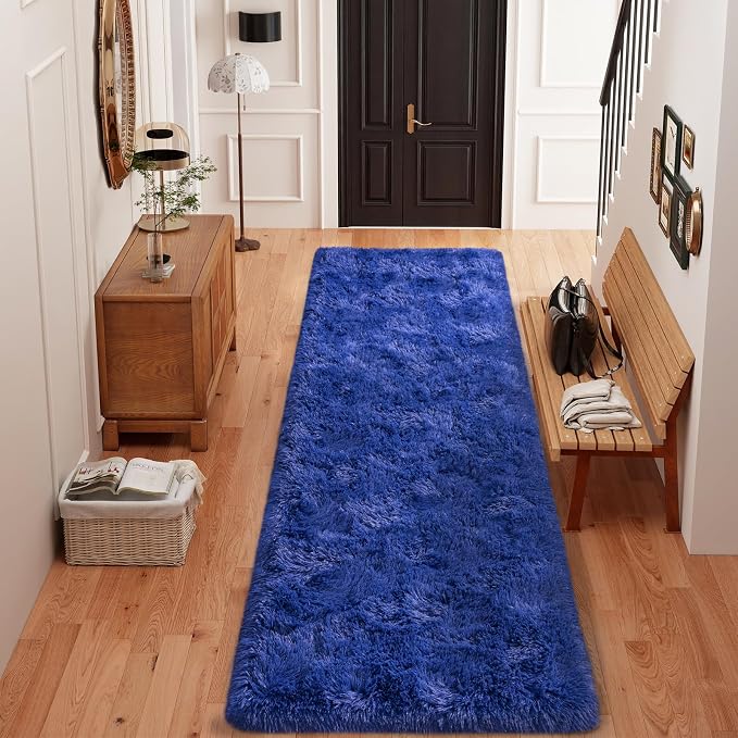 Dssimo 2x6 Blue Runner Rug for Bedroom Bedside Hallway Living Room | Soft Fluffy Shag Upgrade Non-Slip Carpet for Kids,Girls Boys and Teens Decorations for Living Room Dorm Nursery Classroom