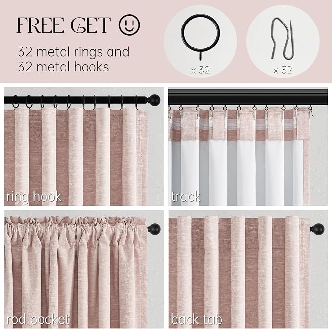 Topfinel Elegant Blush Pink 102 Inch Curtains 100% Blackout Linen Textured for Living Room Bedroom Nursery Light Blocking Drapes Dusty Pink Back Tab Curtains with Rings Hooks 2 Panels Set