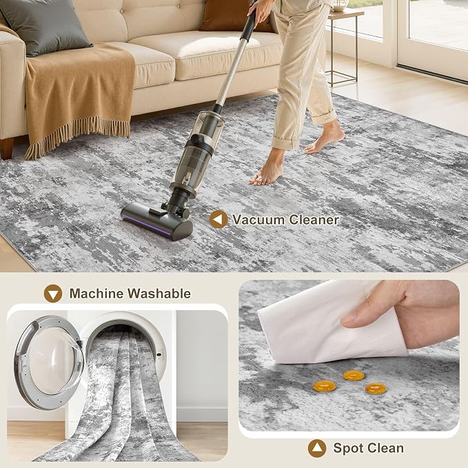 Area Rugs 9x12 Living Room, Washable Non Slip Bedroom Large Rug | Neutral Modern Abstract Carpet, Stain Resistant and Soft Low Pile, Made for Dining Room, Nursery, Home Office - Dark Gray