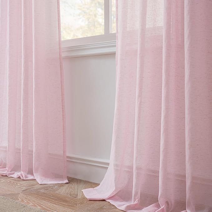 FMFUNCTEX Pink Flax Linen Sheer Curtains 96 Inch Long Rod Pocket 2 Panels | Semi Sheer Window Drapes Pink for Bedroom and Living Room, Farmhouse French Window Curtain Privacy