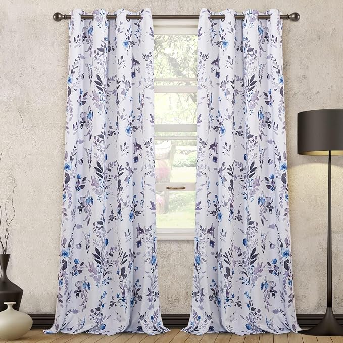 MYSKY HOME Floor to Ceiling Floral Blackout Curtains 108 inch Long 2 Panels Set Thermal Insulated Room Darkening Drapes Grommet Top for Living/Dining Room, Grey and Blue, 52" W Each Panel