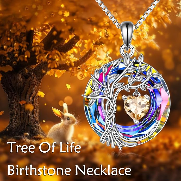 POPLYKE Mothers Day Gifts for Mom Her Wife Tree of Life Necklace 925 Sterling Silver Birthstone Pendant with Crystal Anniversary Birthday Wedding Jewelry for Women