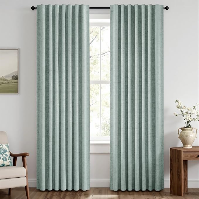 MIULEE 100% Blackout Linen Curtains 42 x 72 Inch Seafoam Green 2 Panels | Thermal Insulated, Room Darkening Drapes for Bedroom Living Room, Back Tab Rod Pocket Pinch Pleated, Solid Luxury Decor
