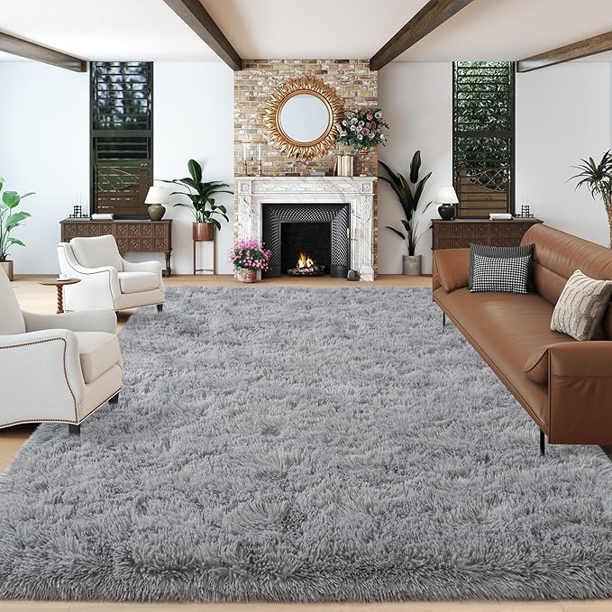 Dssimo Fluffy Grey Rug for Living Room 9x12 Large Area Rugs | Ultra Soft Plush Upgrade Non-Slip High Pile Carpet for Kids, Dorms,Nursery Rooms, Home Modern Decor Aesthetic