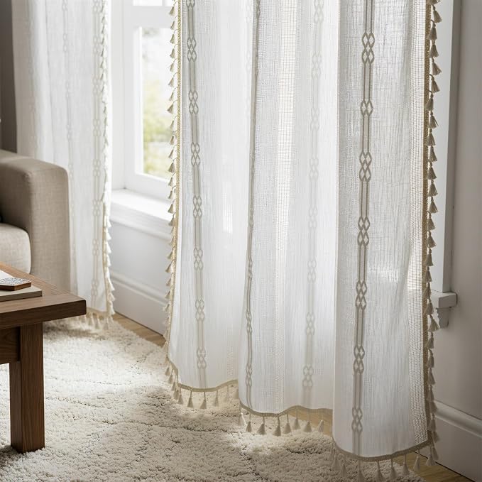 ColorBird White Boho Curtains Linen-Textured Light Filtering for Living Room Bedroom 63 Inch Farmhouse Embroidered Striped Whimsical Drapes Window Treatment for Dining Room Kitchen