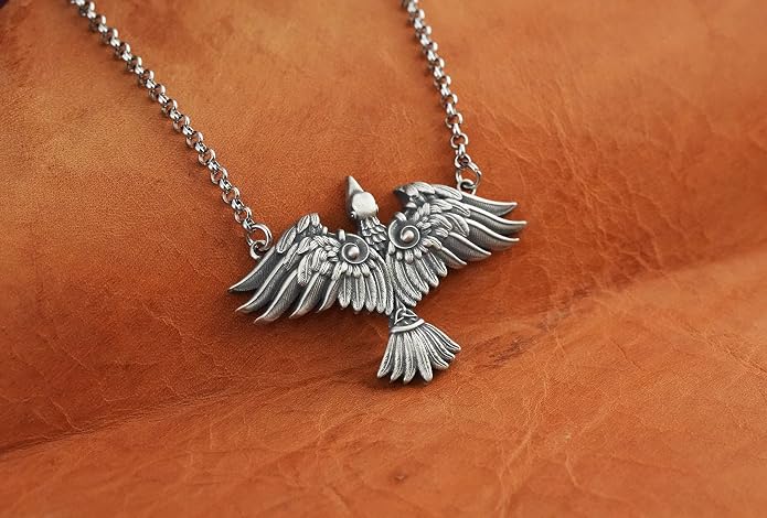 Baldur Jewelry - Viking Raven Crow Bird Necklace - Celtic Norse Odin Bird Raven Hugin Munin Pendant Necklace - Raven Wings Necklace - Raven Jewelry - Raven Skull Pendant - Raven Gifts