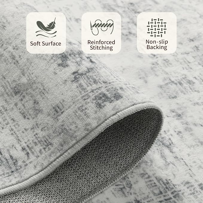 Rugxara Grey Area Rugs 5x7 Washable Rug for Living Room Bedroom | Non Slip, Rug for Dining Room Office Farmhouse Dorm, Stain Resistant, Soft, Vintage Boho Retro Carpet, Low Pile, Home Decor