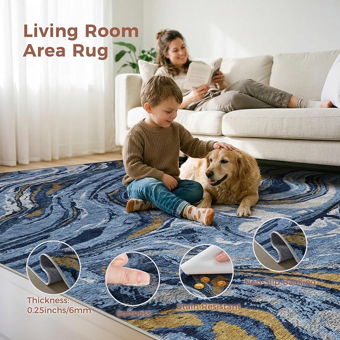 DMOYEST 10x14 Area Rug for Living Room - Washable Neutral Modern Abstract Rugs Soft Non-Slip Carpet Low Pile Indoor Floor Mat for Bedroom & Dining Room Decor for Families with Kids and Pet- Dark Blue
