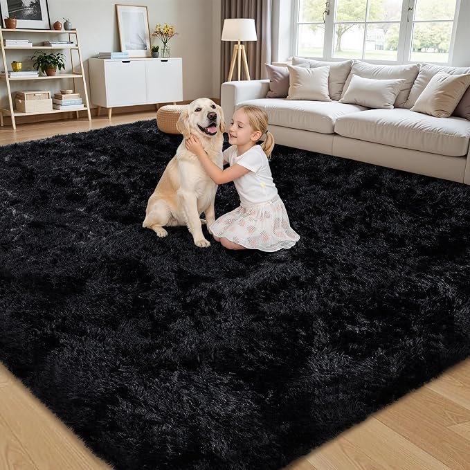 9x12 Area Rug for Living Room:Ultra Soft Fluffy Shag Black Rugs,Large Fuzzy Plush Indoor Non Slip Carpet Washable Rug for Bedroom Kids Nursery Office Dorm Modern Decor(Black 8'x10')